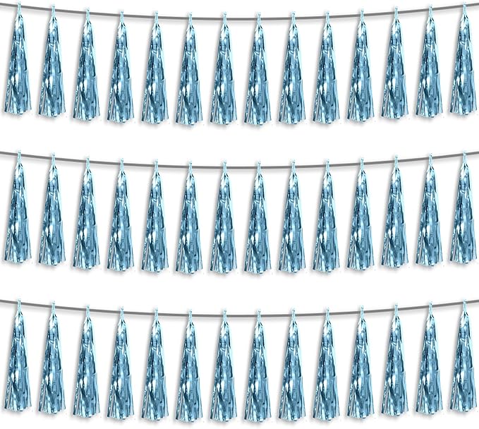 3P Light Blue Foil Fringe Metallic Tassel Streamers Banner Tassel Garland by HYSILLA