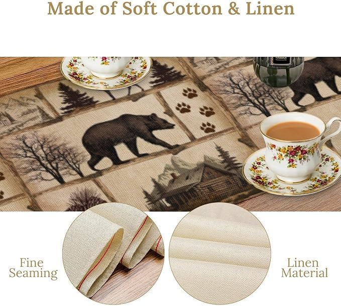 Rustic Cabin Table Runner, Retro Moose Cone Deer Bear Farmhouse Lodge Table - Image 5