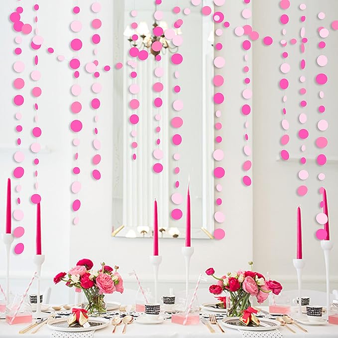 Hot Pink Party Decorations Circle Dots Garland Rose Pink White Hanging Paper - Image 6
