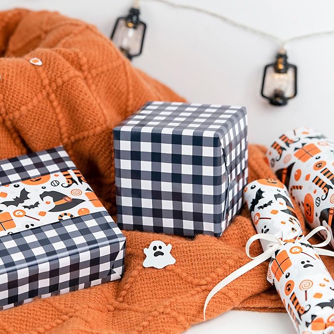 LeZakaa Halloween Wrapping Paper, Cute Pumpkin Witch Bat Candy Print, Buffalo - Image 4