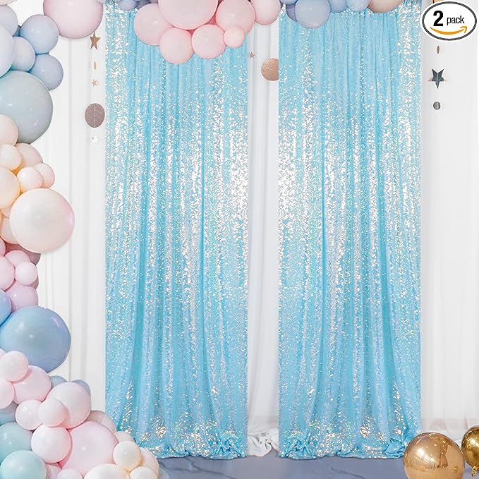 ShinyBeauty Iridescent Aqua Sequin Backdrop Curtain 5FTx10FT 2 Panels Photo by ShinyBeauty