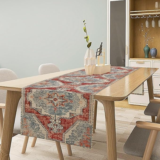 Boho Floral Vintage Table Runner, Retro Blue Red Flower Rustic Country - Image 3