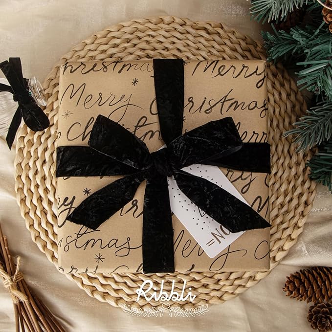 Ribbli Black Velvet Ribbon 3/8 Inches Luxury Crinkled Black Christmas Ribbon - Image 3