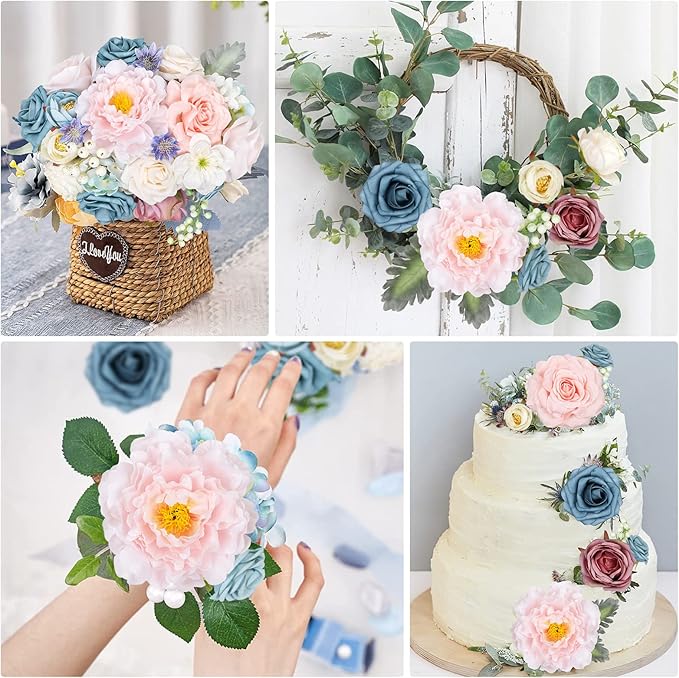 AmyHomie Blue Pink Artificial Flowers Combo Silk Mix Peony Rose Hydrangea Daisy - Image 4