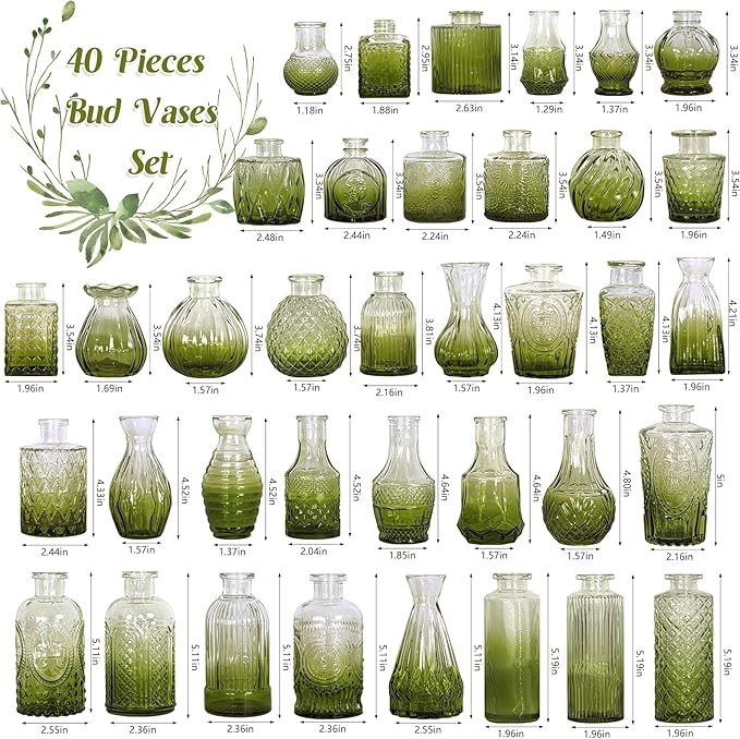 Set of 40 Glass Bud Vases, Small Green Glass Vases in Bulk, Mini Vintage - Image 2