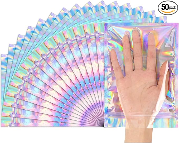 Funfery 50 pcs Mylar Holographic Bags Clear Window Resealable Bags, Foil Bag by FUNFERY