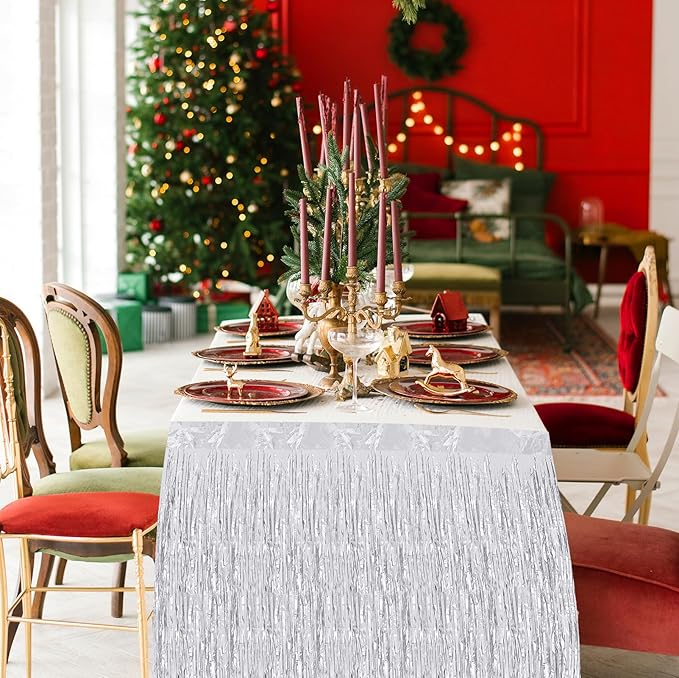 4 Pack 29.5x108 Inch Metallic Foil Fringe Tinsel Table Skirts, Streamer Garland - Image 5
