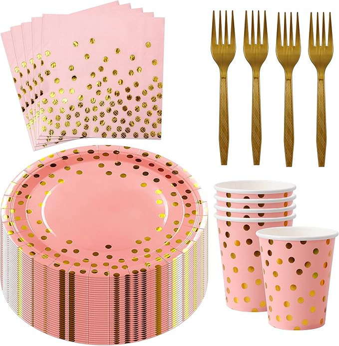 Sveikie160 Pcs Pink And Gold Paper Plates, Birthday Cake Party Plates And by Sveikie