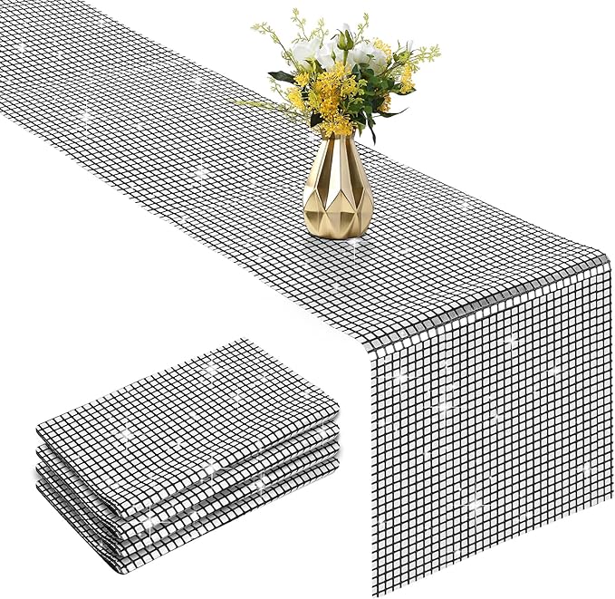 4 Packs Black and Silver Disco Table Runner, 12 x 108 Inches Mirror Glitter by Vehipa