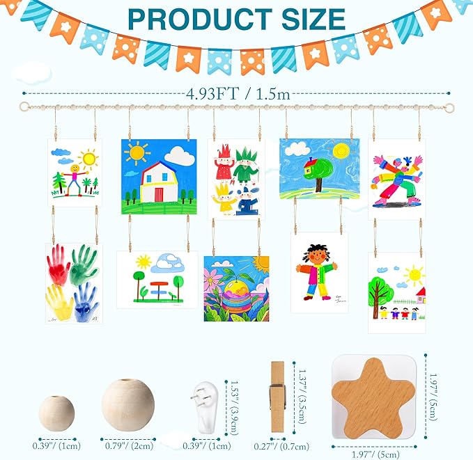KOLLIEE Kids Artwork Display Art Wall Decor 4.93ft Boho Wooden Beaded Garland - Image 5
