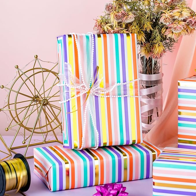Yarcony Gift Wrapping Paper Roll, Rainbow Wrapping Paper, Colorful Stripes Gift - Image 5