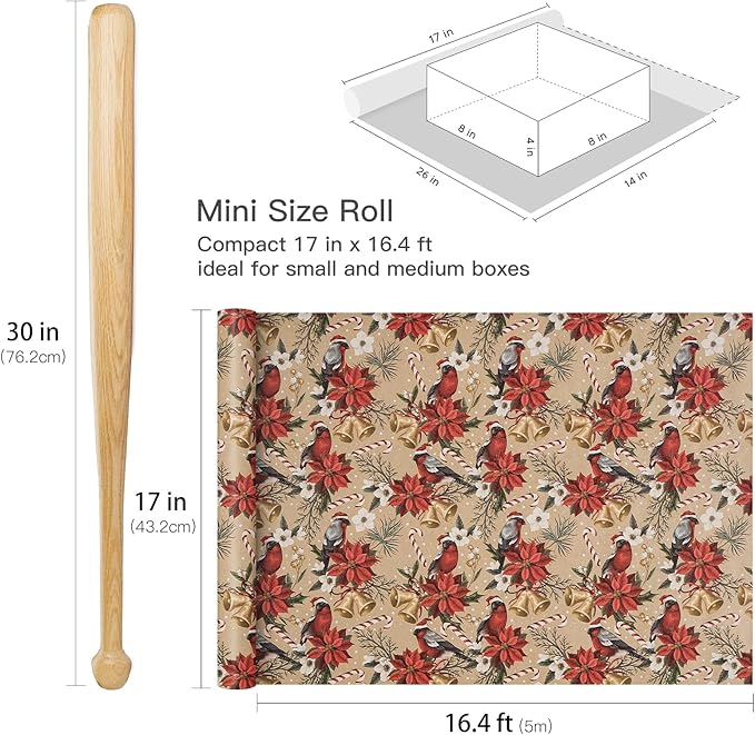 RUSPEPA Kraft Christmas Wrapping Paper Roll, Mini Roll, Cardinal Bird, - Image 7