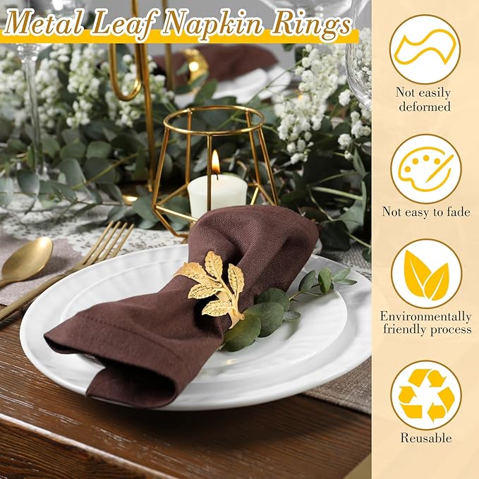 Bokon 50 Pcs Gold Napkin Rings Metal Leaf Napkin Holders Delicate Rings Bulk - Image 3
