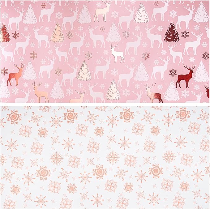LeZakaa Christmas Pink Wrapping Paper Jumbo Roll, Reindeer & Snowflake - Image 6