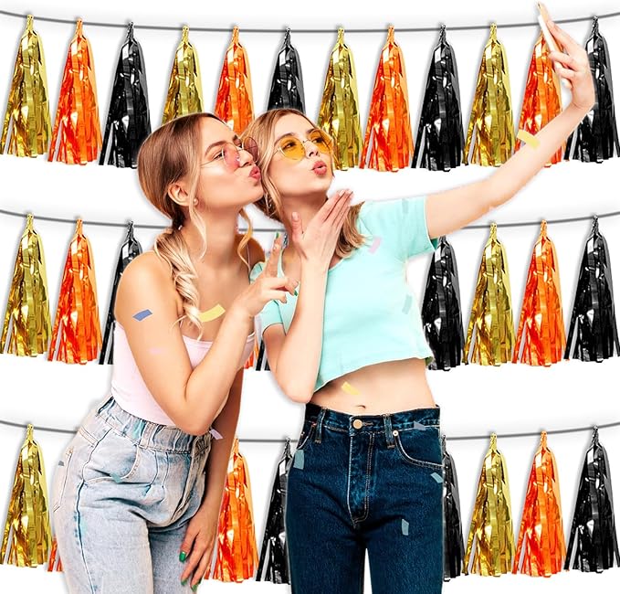 3P Orange Gold Black Metallic Fringe Tassel Banner Garland Foil Tinsel Streamer - Image 4