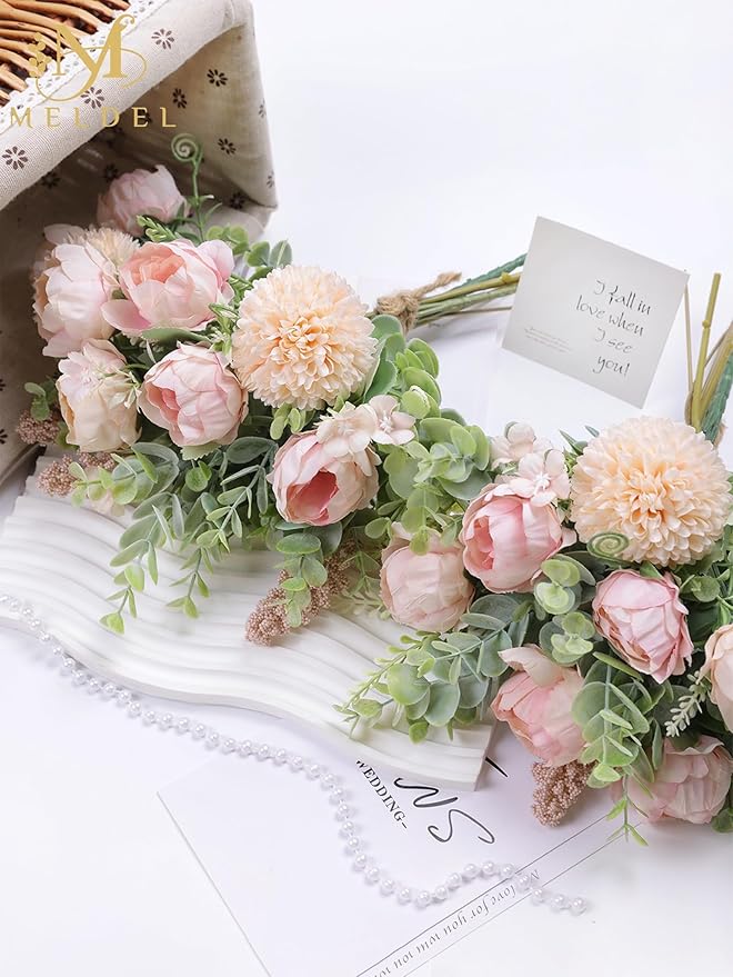 Meldel 3Pcs Peony Bouquet Light Pink Champagne Rose Artificial Flowers - Image 9