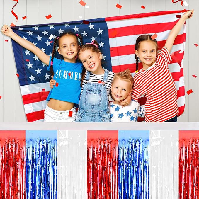 3 Pack 29 x108 Inch White Blue Red Foil Fringe Table Skirts Metallic Banner - Image 5
