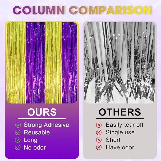 2 Pack Purple and Gold Foil Fringe Backdrop Curtains, Tinsel Streamers Party - Image 3