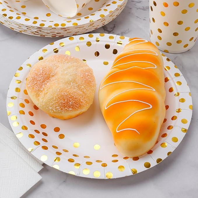 160 Pcs White and Gold Paper Plates, Forks and Cups Party Supplies, Disposable - Image 9