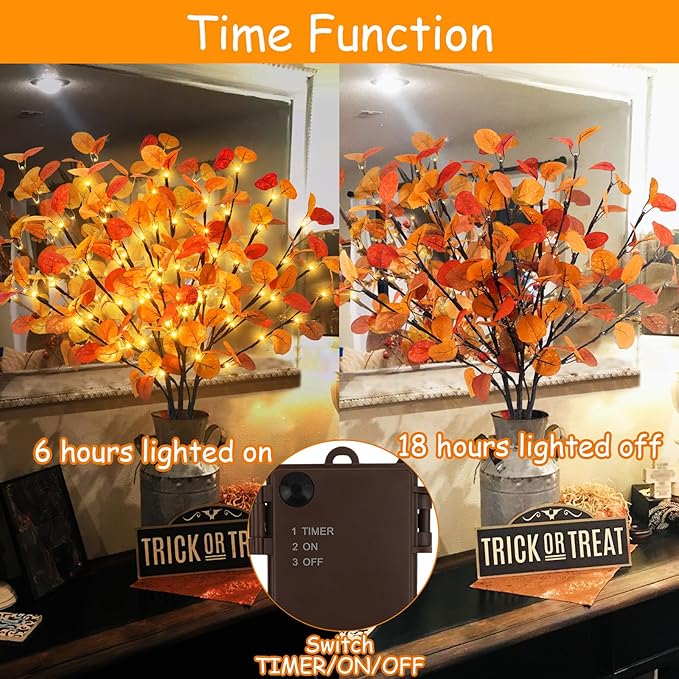 3Pcs Lighted Eucalyptus Leaves Branches, 30” Timer Fall Eucalyptus Stems - Image 4