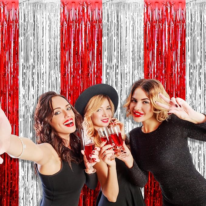 4 Pack Silver Red Foil Fringe Curtain Backdrop, 3.28Ft x 8.2Ft Metallic Tinsel - Image 6