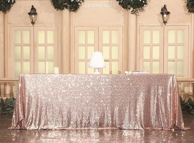 SquarePie Sequin Tablecloth 90 x 156 Inch Rose Gold Sparkly Table Linen - Image 5