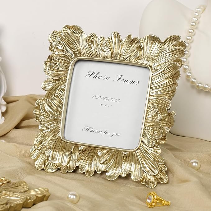 Cuspin Gold Picture Frames 4x4, Vintage Gold Resin Photo Frame Palm Leaves - Image 7