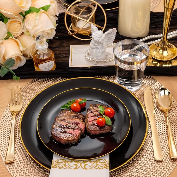 Supernal 350pcs Black & Gold Plastic Dinnerware Set, Elegant Black Plates - Image 4