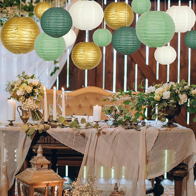 ADLKGG Sage Green Gold Paper Lanterns Decorative, Round Hanging Paper Lanterns - Image 3