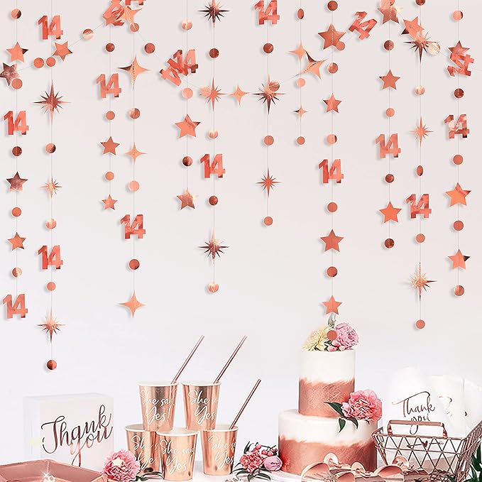 52Ft Rose Gold 14th Birthday Decorations Number 14 Circle Dot Star Garland - Image 5