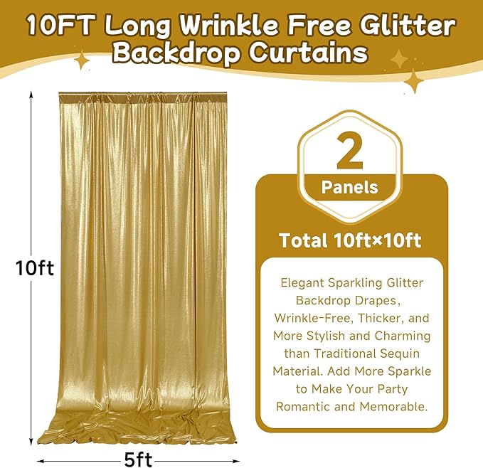 10ftx10ft Thick Gold Glitter Backdrop Curtain Panels - Image 6