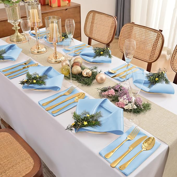 12 Pieces Light Blue Satin Napkins, Silky Soft Smooth Washable Napkins - Image 3