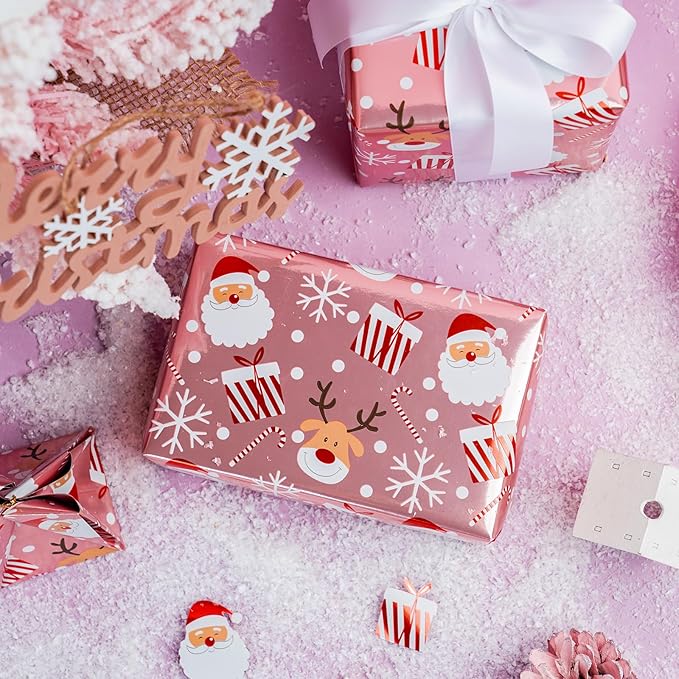 LeZakaa Christmas Pink Wrapping Paper Jumbo Roll, Santa Claus & Candy Cane - Image 7