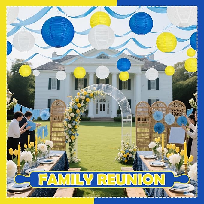 12Pcs Blue and Yellow Party Decorations Hanging Round Paper Lanterns Assorted - Image 4