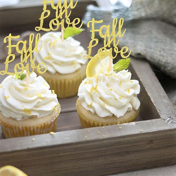 24 PCS Fall in Love Cupcake Toppers Glitter Bridal Shower Cupcake Picks Wedding - Image 3