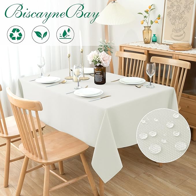 Biscaynebay Textured Fabric Tablecloths 70x108 Inches Rectangular, Ivory Water - Image 2
