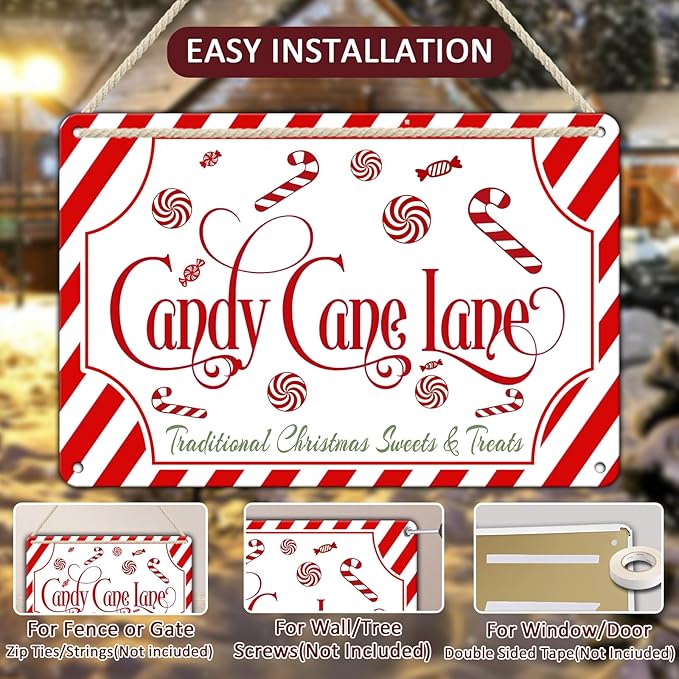 Christmas Candy Cane Lane Metal Tin Sign Traditional Christmas Sweets and - Image 3