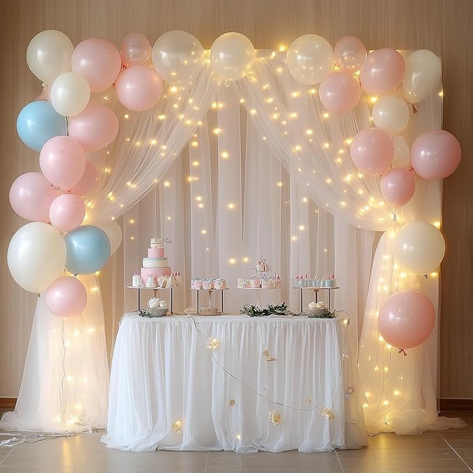 Tulle Backdrop Curtain with Lights String 30 X 8FT White Sheer Tulle Backdrop - Image 5