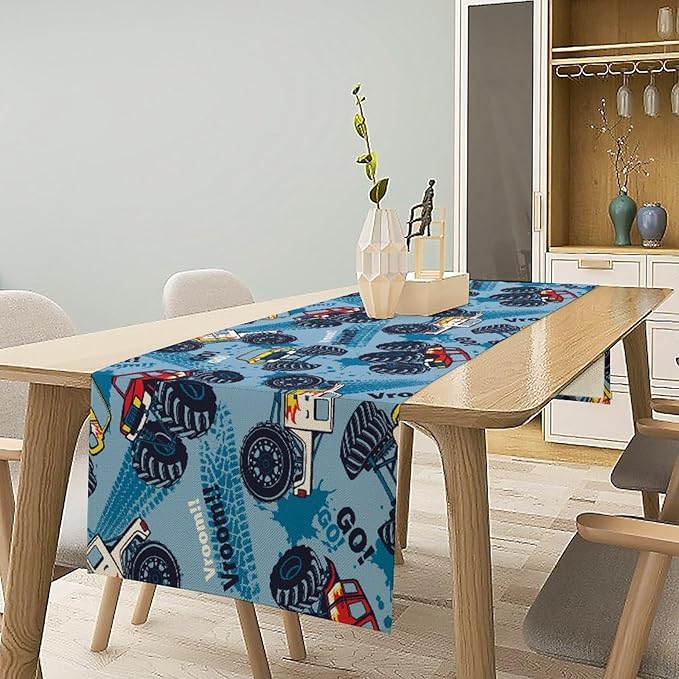 Monster Truck Table Runner, for Kids Boys Cool Colorful Cartoon Blue Cars - Image 5