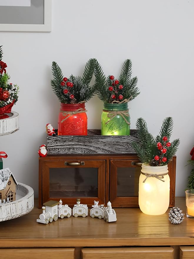 Christmas Mason Jars, Christmas Centerpiece Table Settings, Wood Tray - Image 7