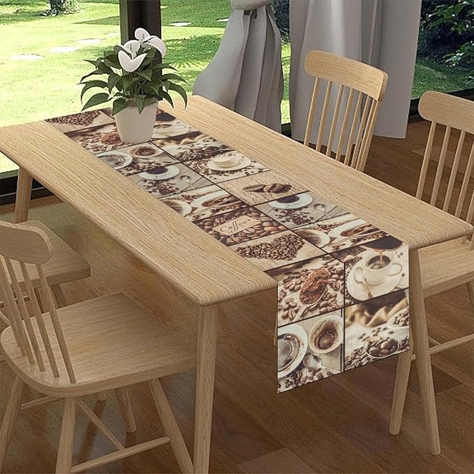 Coffee Theme Table Runner, Rustic Farmhouse Coffee Cup Latte Cappuccino Tea - Image 3