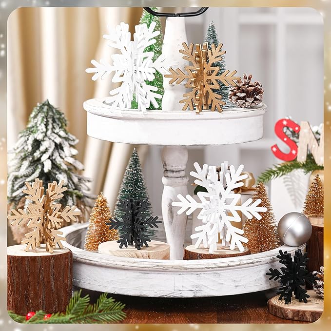 Bucherry 12 Pcs Wooden Snowflake Table Decor 3D Snowflake Tabletop Signs and - Image 5