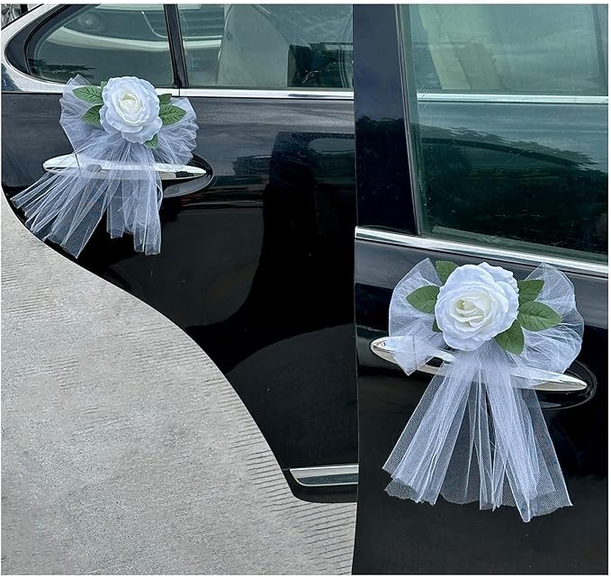 Elegant White Rose Wedding Car Door Handle Decoration – 12cm Artificial Flower by VoeuMared