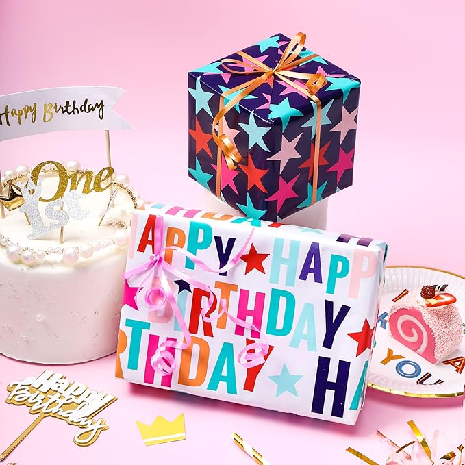 LeZakaa Reversible Stars Birthday Wrapping Paper Roll, Happy Birthday Lettering - Image 2