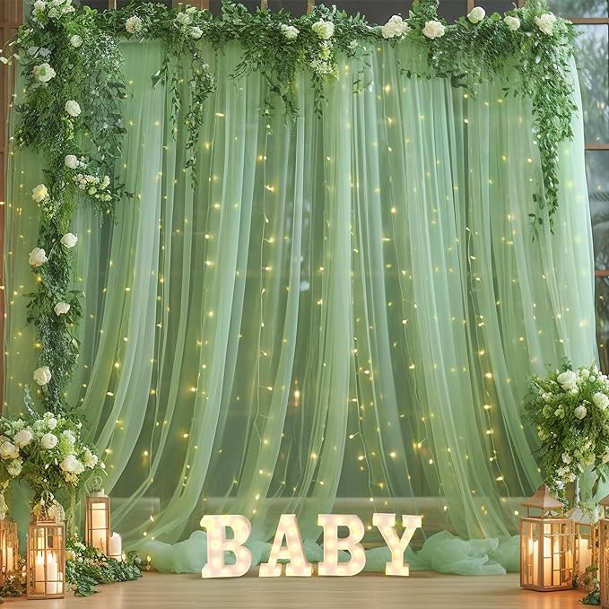 10×10ft Green Tulle Backdrop Curtain by WishCare