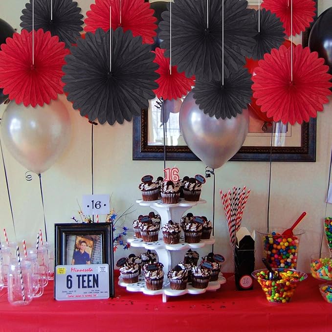 20 Pcs Black Red Hanging Paper Fan, Round Paper Fans Decorations Set - Image 6