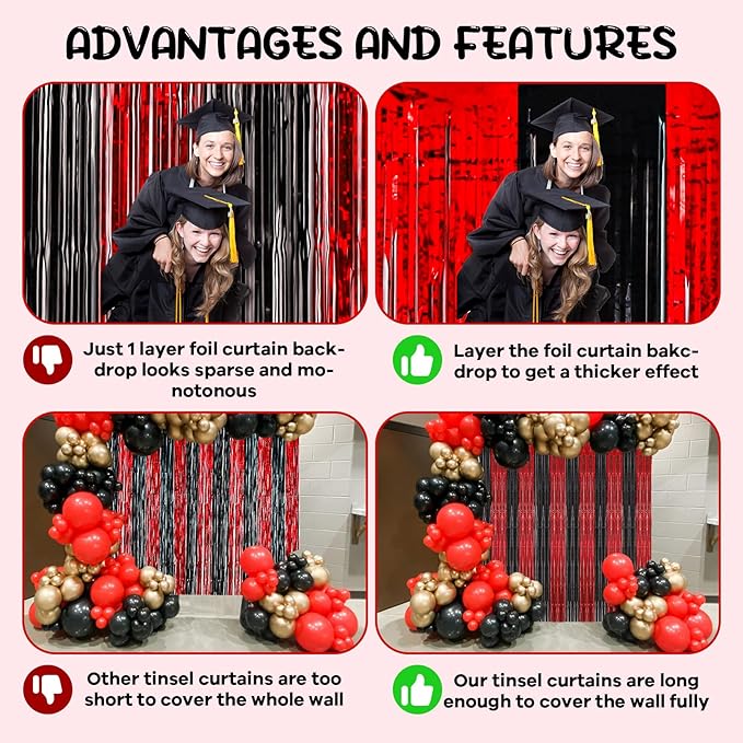 2 Pack 3.3x8.2 Feet Red and Black Foil Fringe Backdrop Curtains, Tinsel - Image 5
