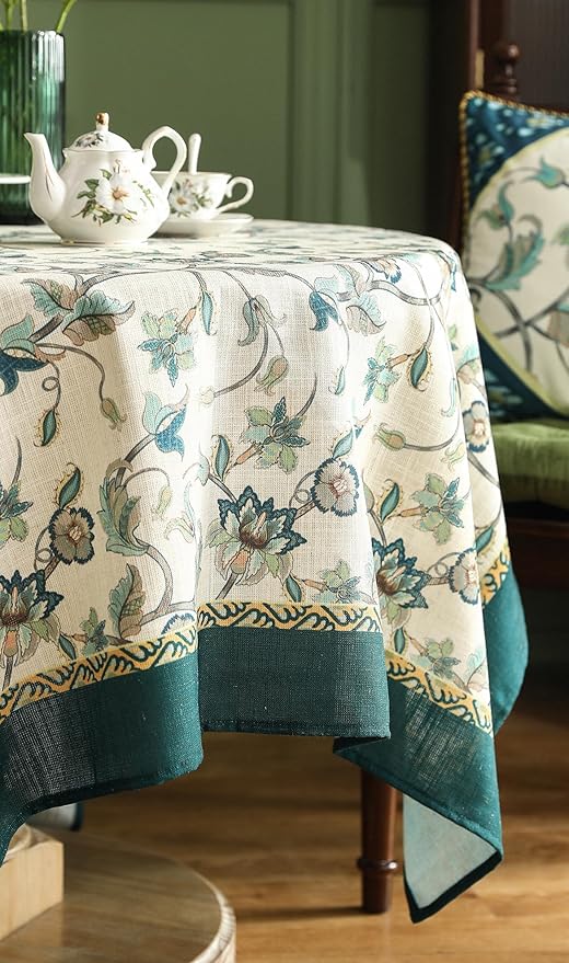 patdrea Designer Linen Vintage Round Table Cloth, Vintage Green Floral Pattern - Image 3