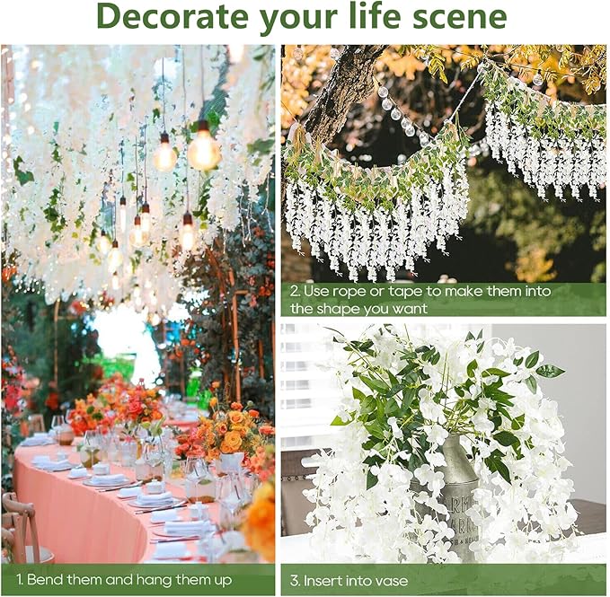 12 Pack White Wisteria Hanging Flowers, 3.44 Ft Fake Hanging Flowers, - Image 4
