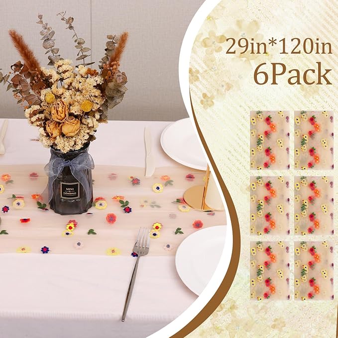 6PCS Champagne Floral Table Runner 10 FT, Embroidery Daisy Table Runners - Image 2